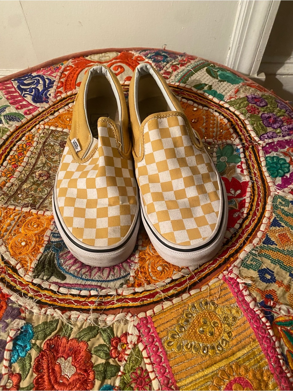 Vans Yellow and White Checkerboard Slip-On Sneakers